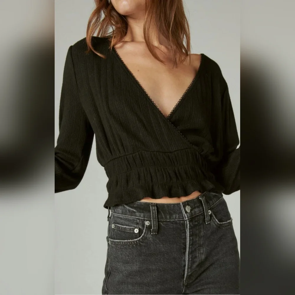 Lucky Brand Pointelle-Trim Surplice Top Jet Black XL New - Picture 3 of 10